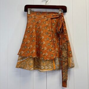 Vintage Womens Boho Festival Silk Blend Wrap Around Skirt Size S Hippie Summer